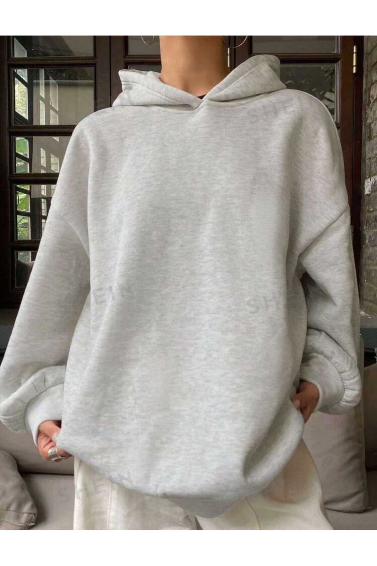Kapüşonlu Düz Baskısız Giy Çık Oversize Kalıp Sweatshirt