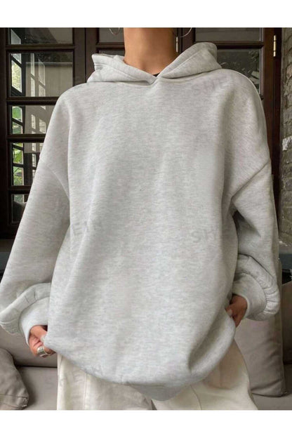 Kapüşonlu Düz Baskısız Giy Çık Oversize Kalıp Sweatshirt