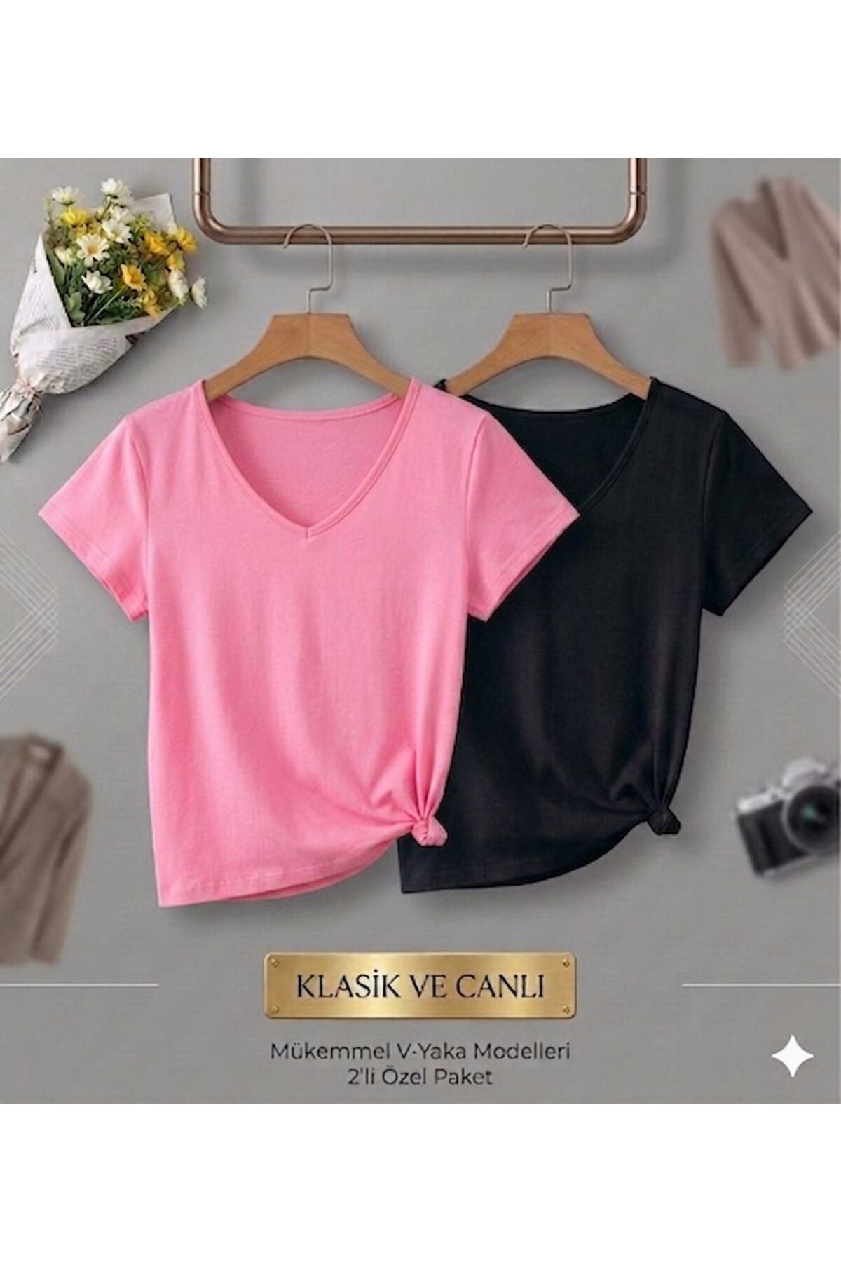 2 Adet Düz Regular Kalıp Kadın (V YAKA) T-Shirt