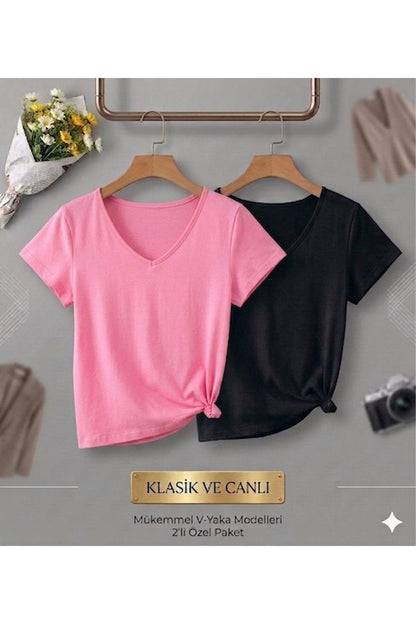 2 Adet Düz Regular Kalıp Kadın (V YAKA) T-Shirt