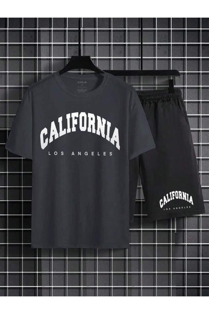 Erkek Siyah CALİFORNİA Baskılı Oversize T-shirt Şort TAKIMI