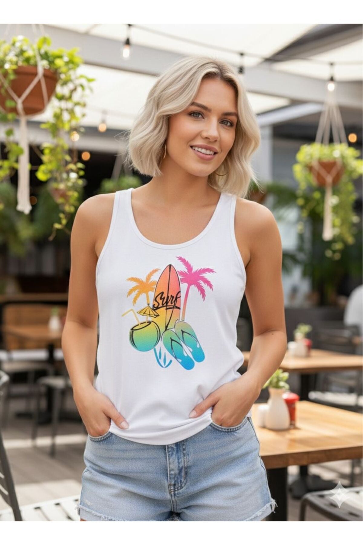 Palmiye Surf Baskılı Kadın Beyaz Omuzu Açık Askılı Yazlık Pamuklu T-shirt