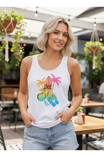 Palmiye Surf Baskılı Kadın Beyaz Omuzu Açık Askılı Yazlık Pamuklu T-shirt