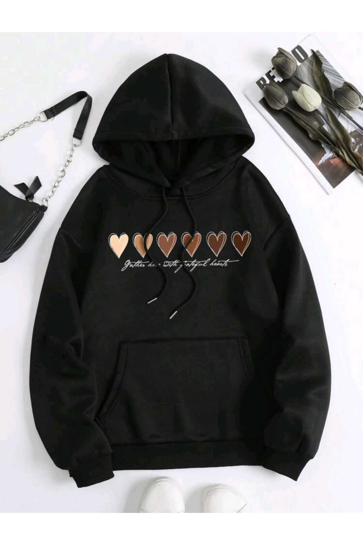 Hearts Baskılı Kapüşonlu Sweatshirt