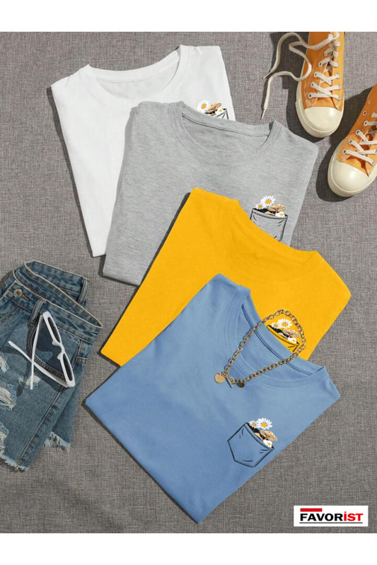 4 Adet Çiçek Baskılı Unisex Oversize Tshirt