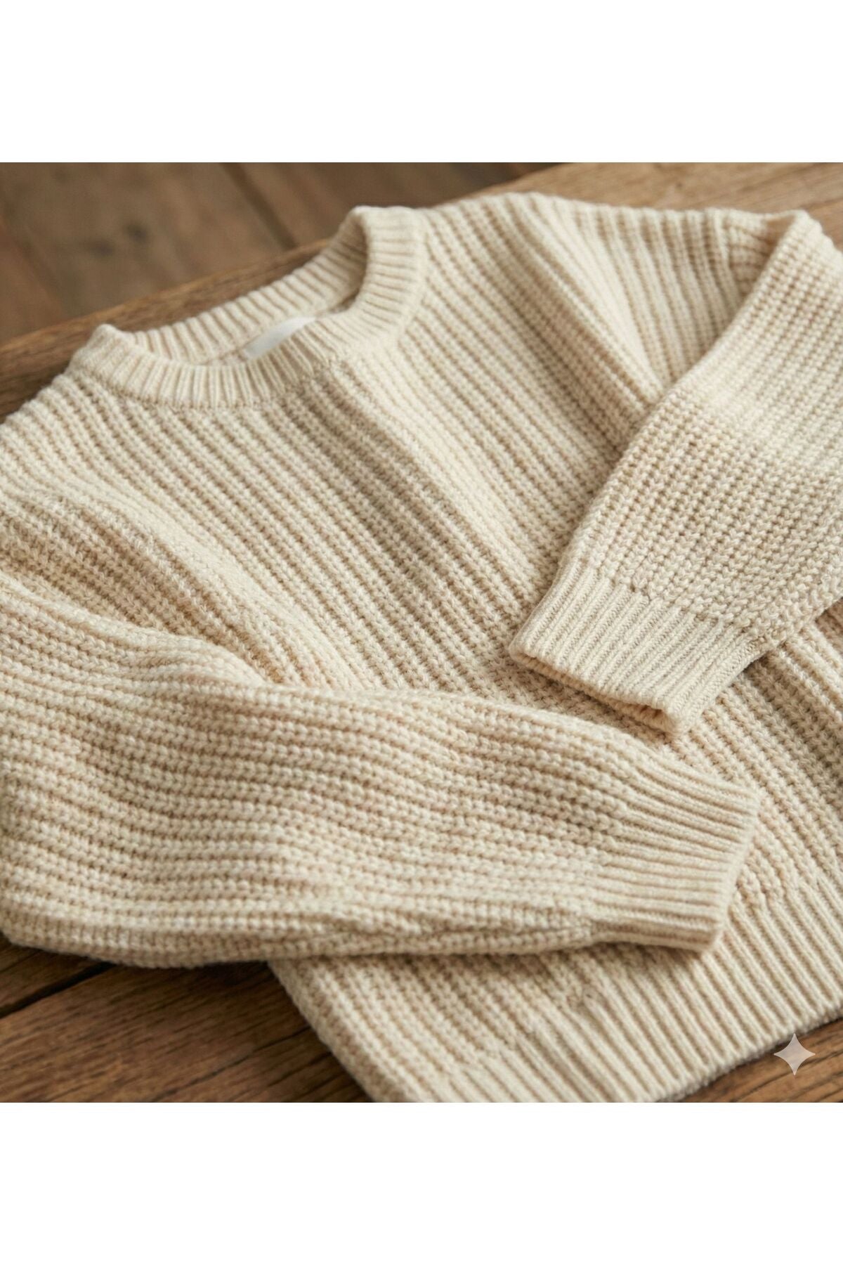 Ekru Bisiklet Yaka Oversize Kadın Triko Örme Kazak
