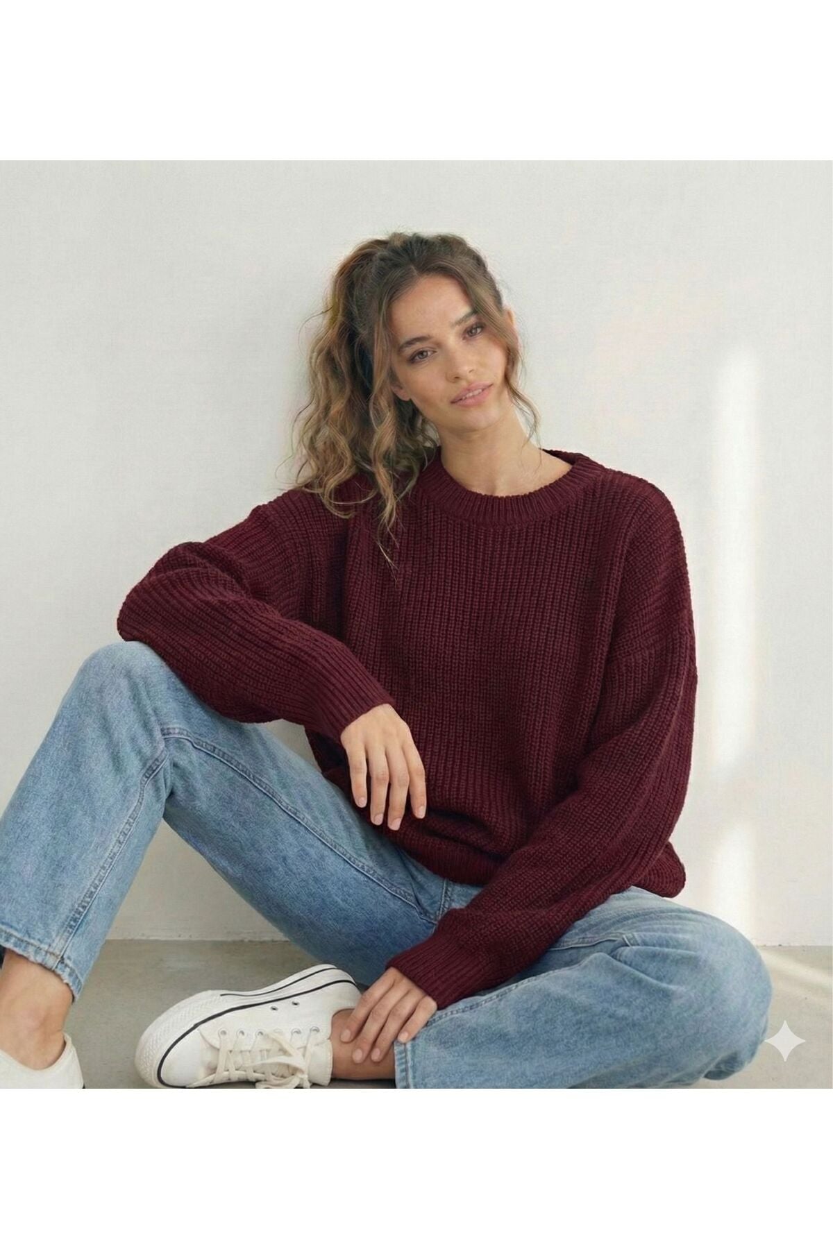 Bordo Bisiklet Yaka Oversize Kadın Triko Örme Kazak