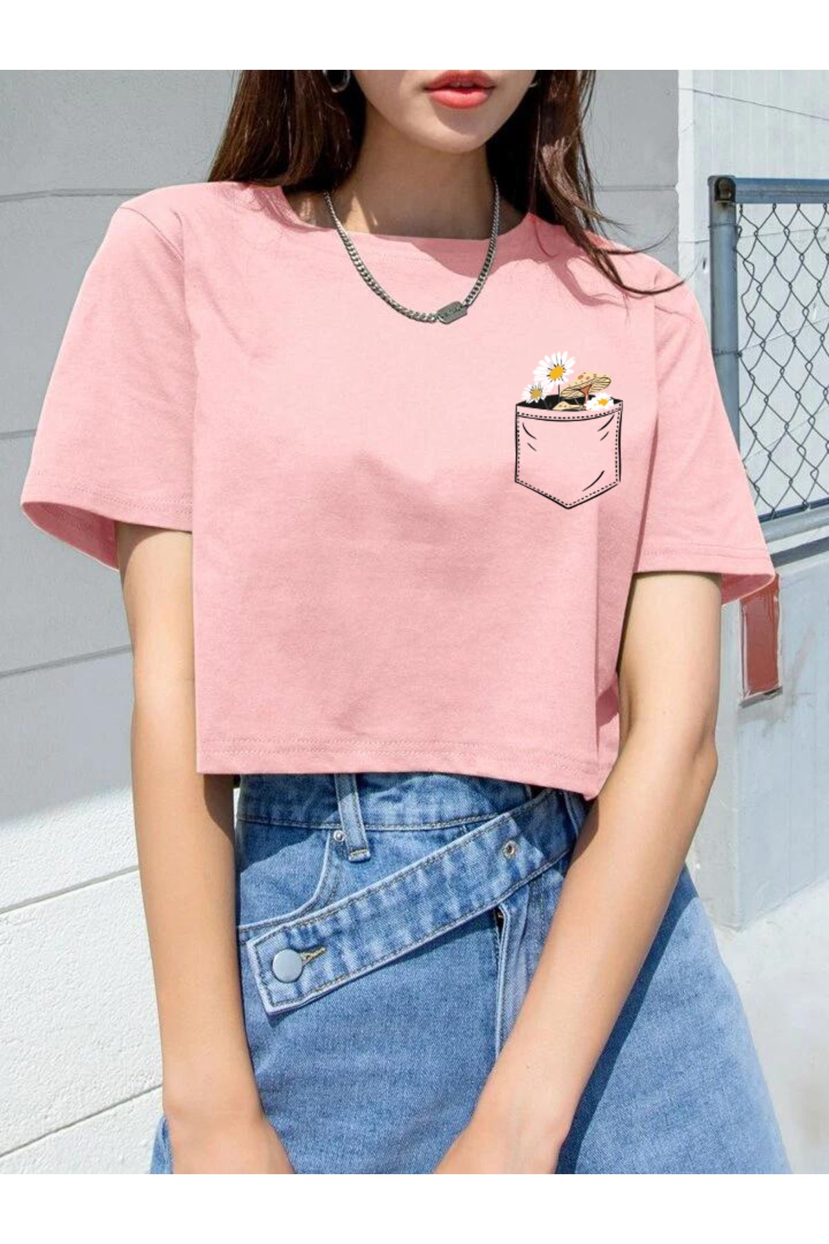 Crop Oversize Pamuklu Çiçekli Tişört
