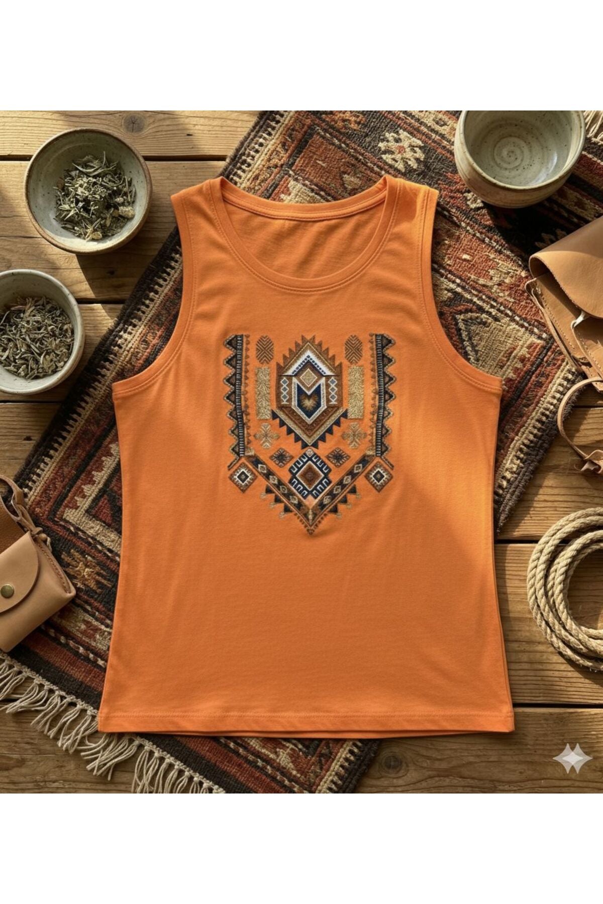 Etnik Desen Baskılı Kadın Omuzu Açık Kolsuz Askılı Tshirt
