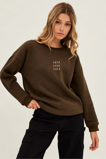 VENI VIDI VICI Baskılı Regular Kalıp Kadın Bisiklet Yaka Sweatshirt
