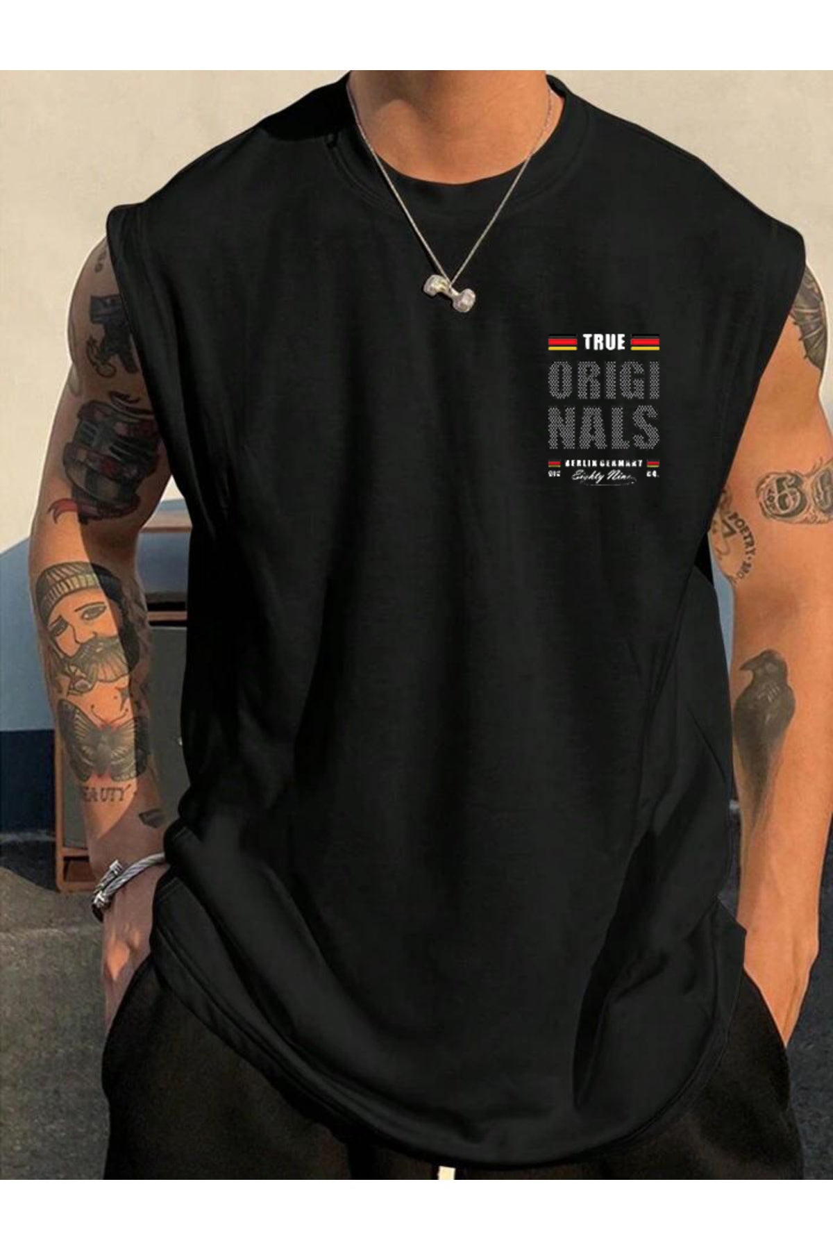 Oversize TRUE ORIGINALS Baskılı  Erkek Kolsuz( Sıfır Kol ) Trend T-Shirt