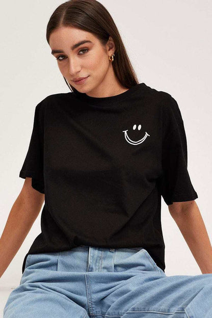 Gülümseme Baskılı Unisex Kısa Kol Bisiklet Yaka Tshirt