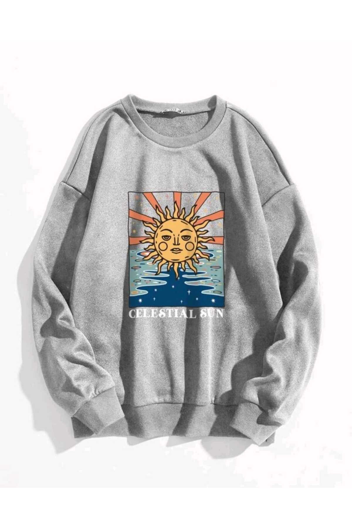 Güneş Baskılı Rahat Kalıp Bisiklet Yaka Pamuklu Sweatshirt