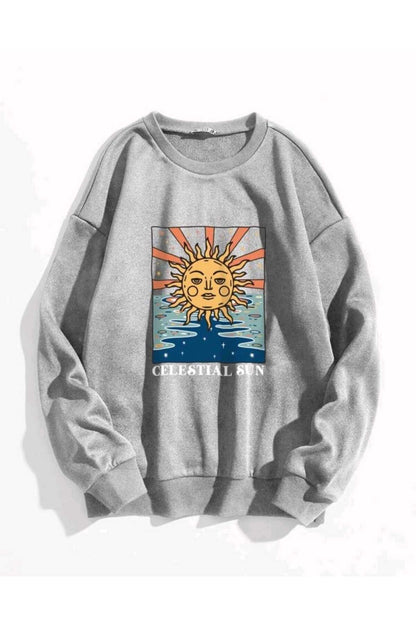 Güneş Baskılı Rahat Kalıp Bisiklet Yaka Pamuklu Sweatshirt