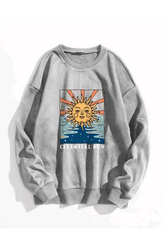 Güneş Baskılı Rahat Kalıp Bisiklet Yaka Pamuklu Sweatshirt