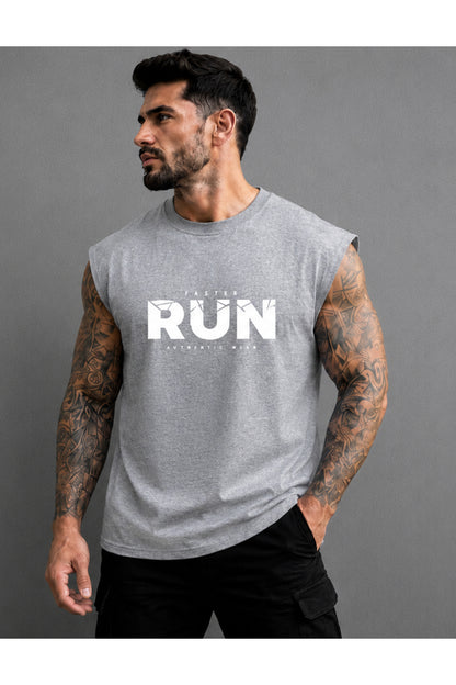FASTER RUN Baskılı Erkek Sıfır Kol Atlet T-Shirt (%100 PAMUKLU)