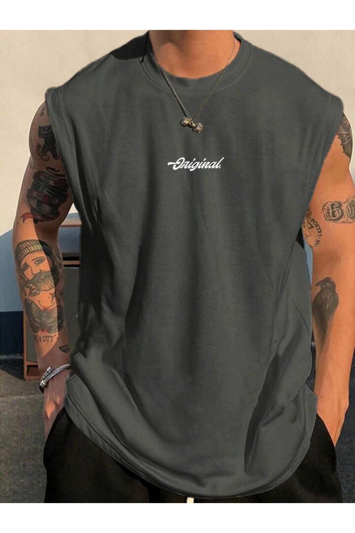 Original Kolsuz Atlet tshirt  Erkek Sıfır Kol Baskısız Giyim Spor Giyim Oversize T-SHİRT