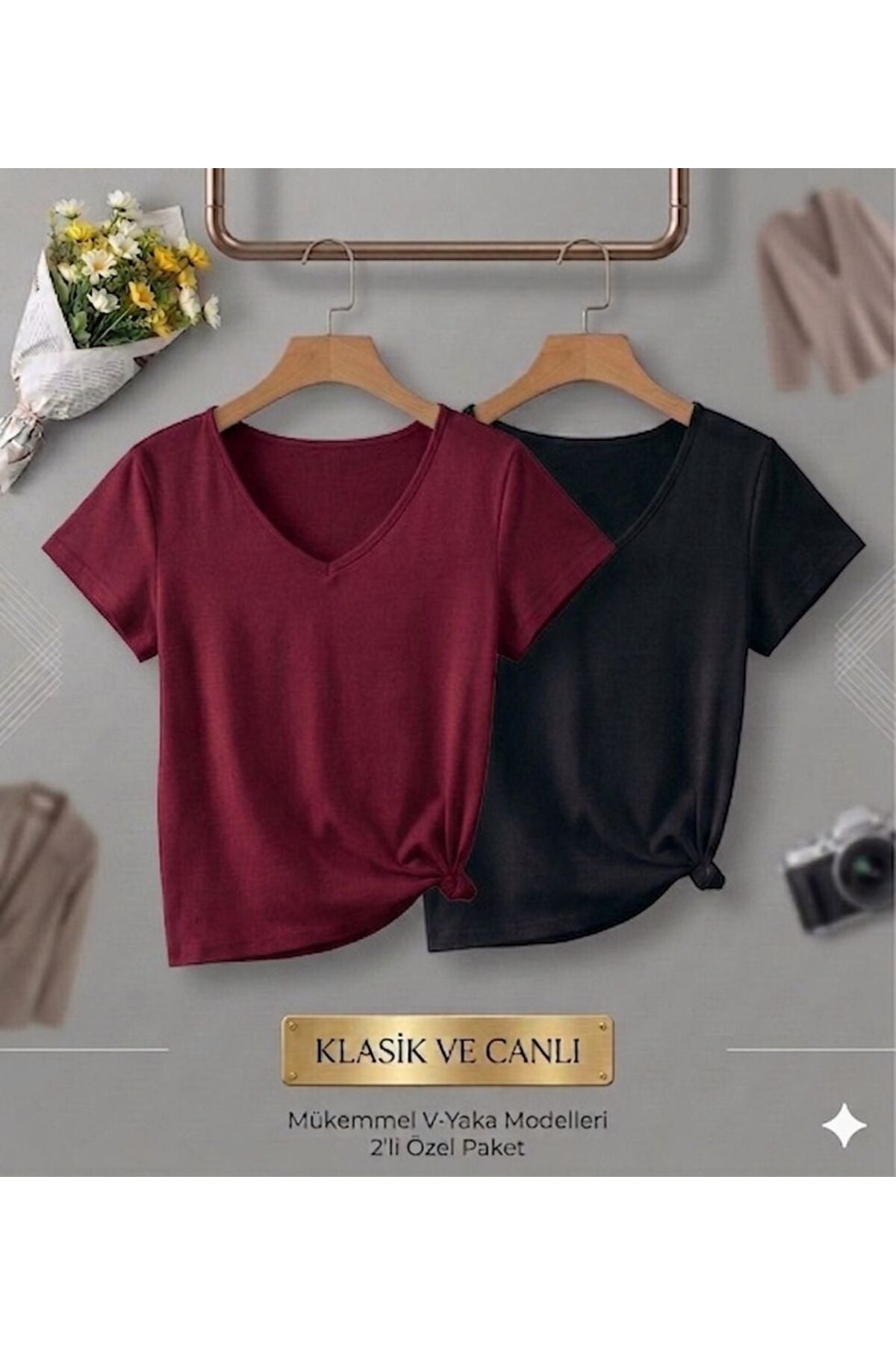 2 Adet Düz Regular Kalıp Kadın (V YAKA) T-Shirt