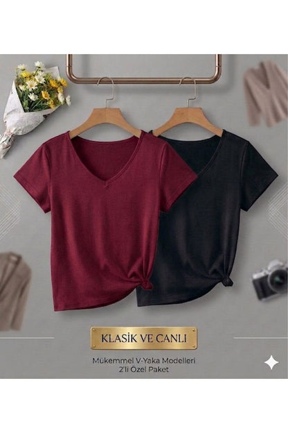 2 Adet Düz Regular Kalıp Kadın (V YAKA) T-Shirt