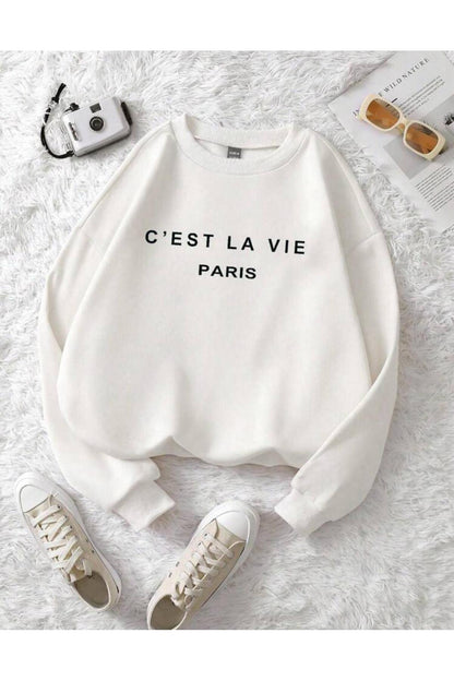C'EST LA VIE Baskılı Bisiklet Yaka Sweatshirt