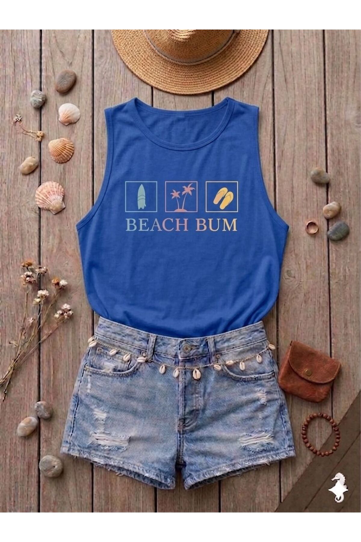 BEACH BUM Baskılı Kadın (Omuzu Açık) Slim Fit Askılı Tshirt