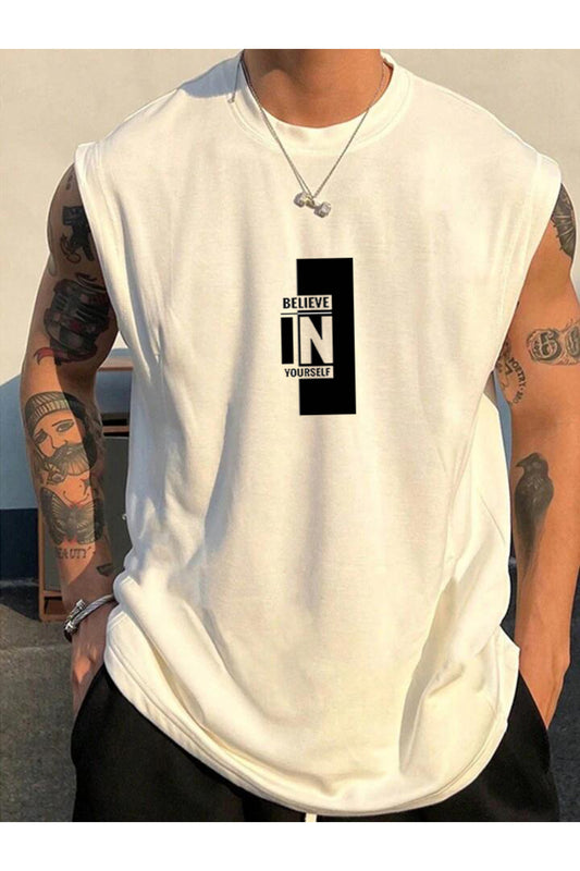 BELIEVE Baskılı Kolsuz Atlet Tshirt  Erkek Sıfır Kol Giyim Spor Giyim Oversize