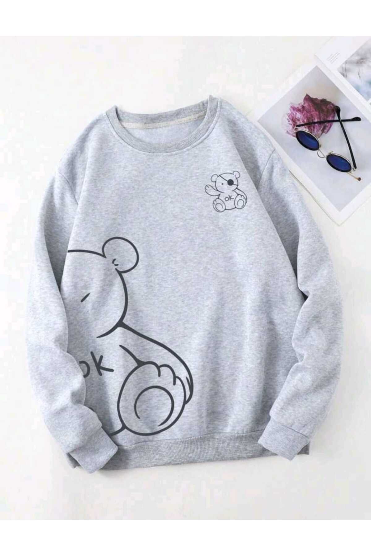 Sevimli Ayı Baskılı Bisiklet Yaka Oversize Pamuklu Sweatshirt ( GENİŞ KALIP )