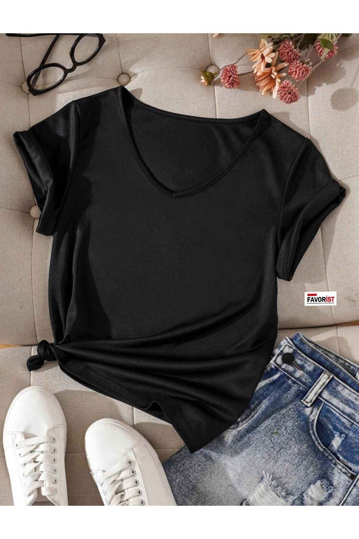 V YAKA (DÜZ DESENSİZ) BASİC GİY ÇIK PAMUKLU TSHİRT
