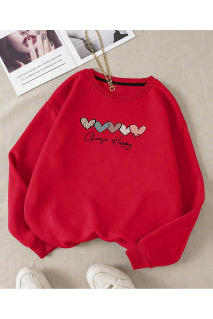 CHOOSE HAPPY KALPLER Baskılı Oversize Bisiklet Yaka Sweatshirt