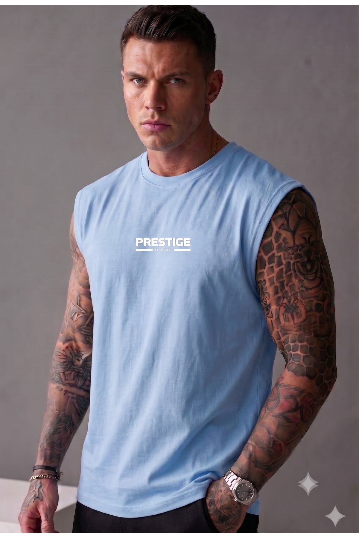 PRESTIGE Baskılı Erkek Sıfır Kol Sporcu Atlet T-shirt (Pamuk/Penye)