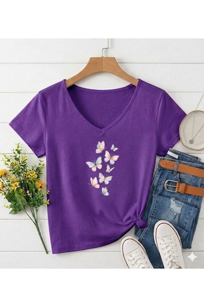 KELEBEKLER Baskılı Kadın V Yaka Regular Kalıp Tshirt (Anneler Gününe Özel Seri)