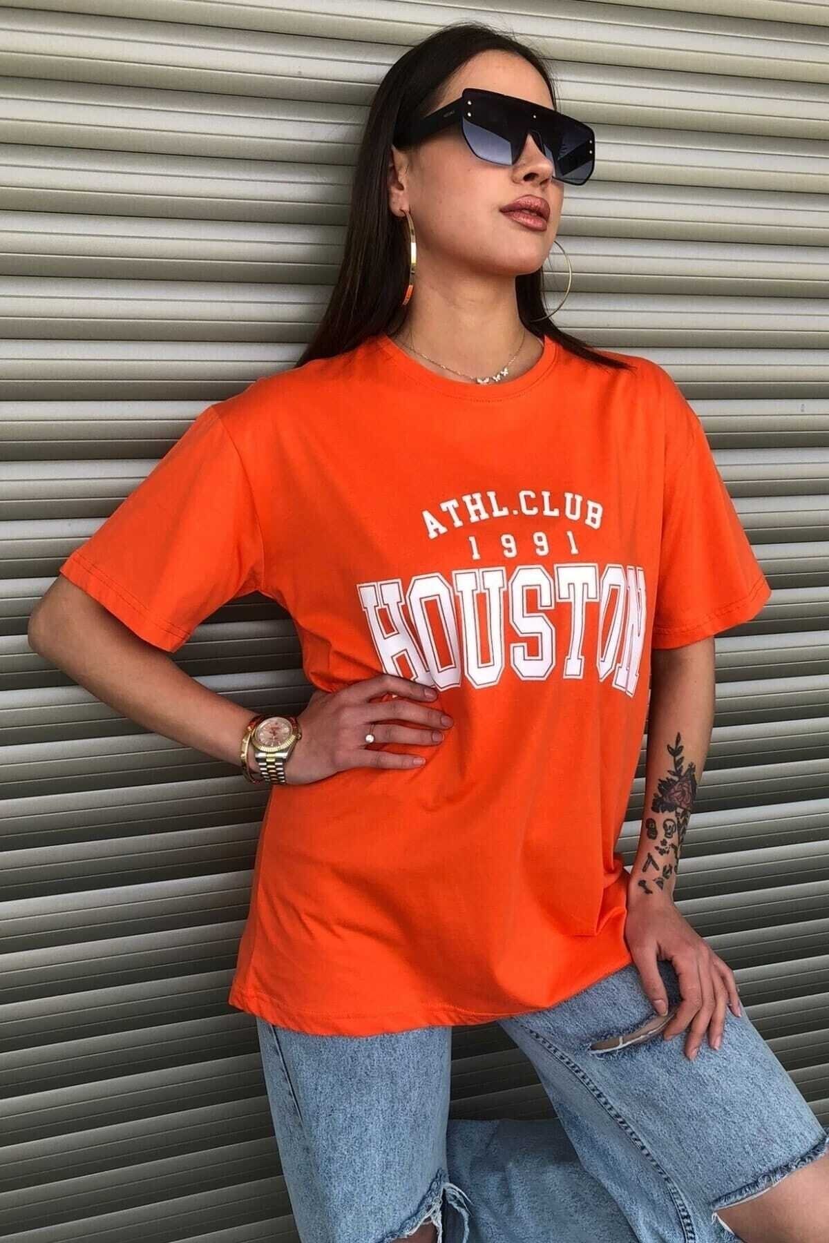 Houston 1991 Baskılı Oversize ( Geniş Kalıp ) Bisiklet Yaka Pamuk Spor Tshirt