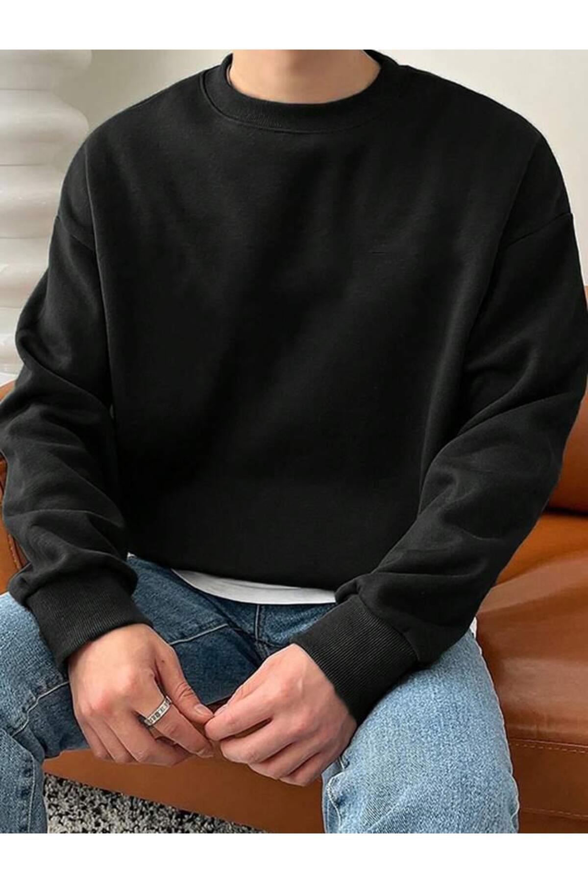 Düz Bisiklet Yaka Sweatshirt Baskısız Geniş Kalıp