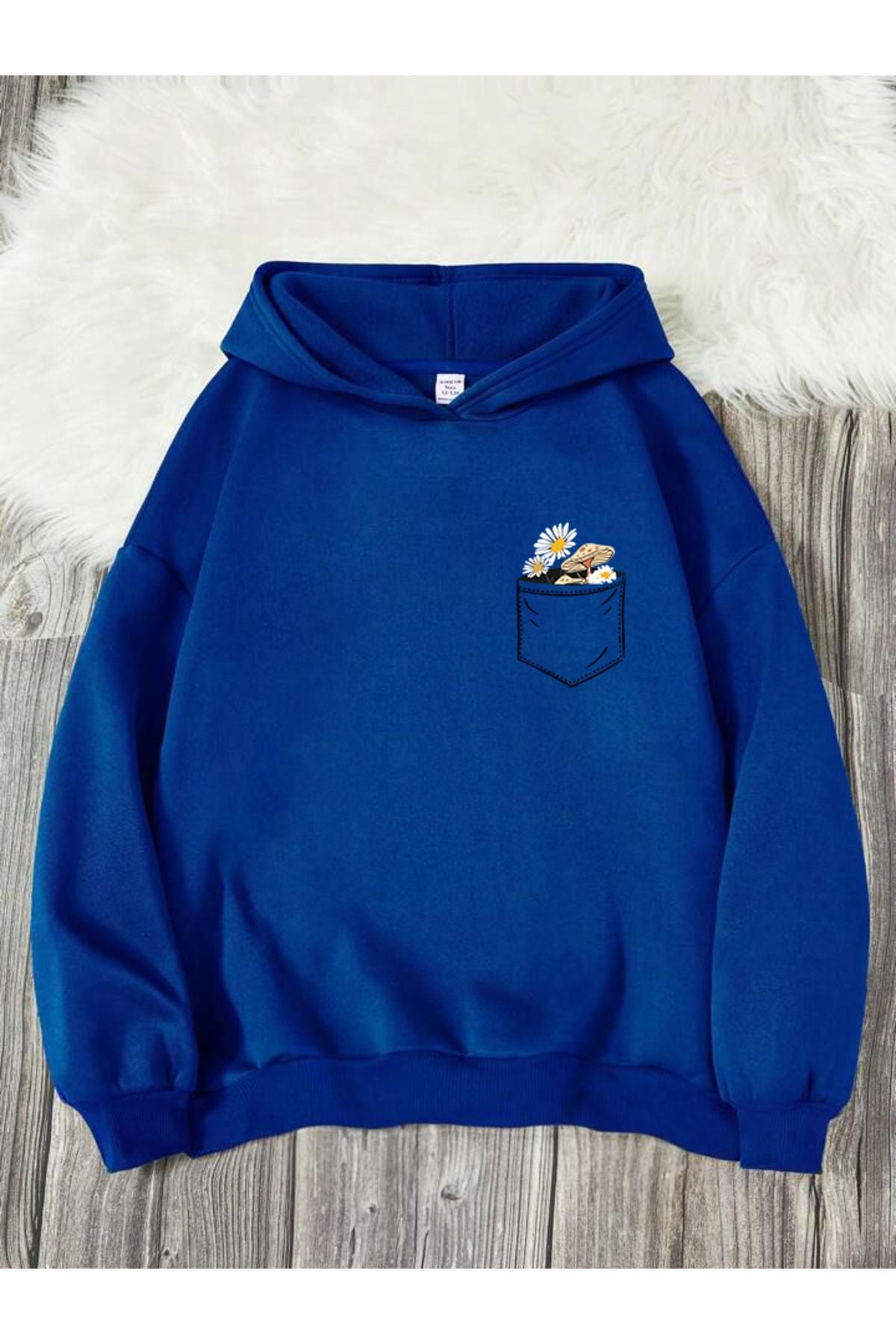 Cep Çiçek Baskılı Kapşonlu Sweatshirt Oversize Geniş Kalıp