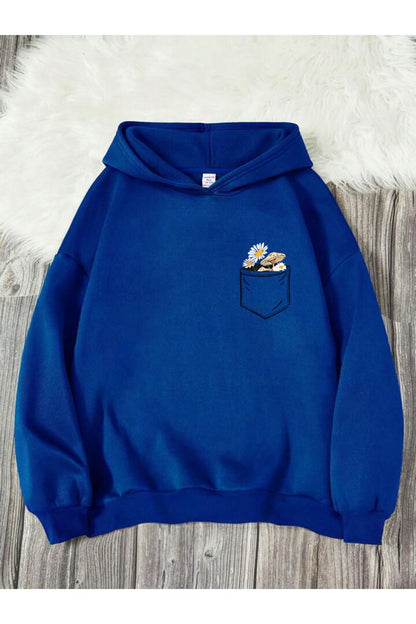 Cep Çiçek Baskılı Kapşonlu Sweatshirt Oversize Geniş Kalıp
