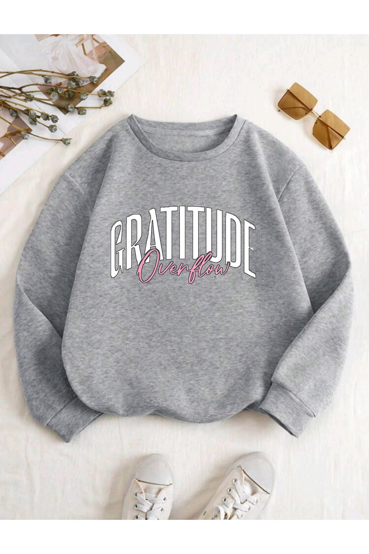 GRATITUDE OVERFLOW Baskılı Bisiklet Yaka Pamuklu Unisex Sweatshirt