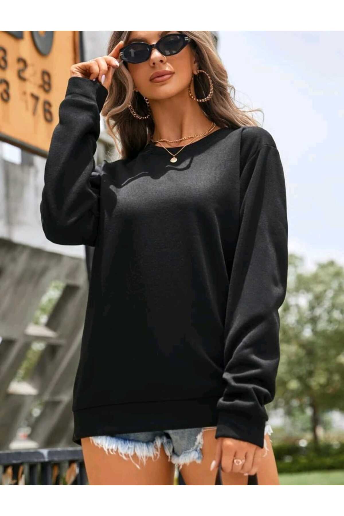 Bisiklet Yaka Sweatshirt Düz Baskısız ( SOFT ) Geniş Kalıp
