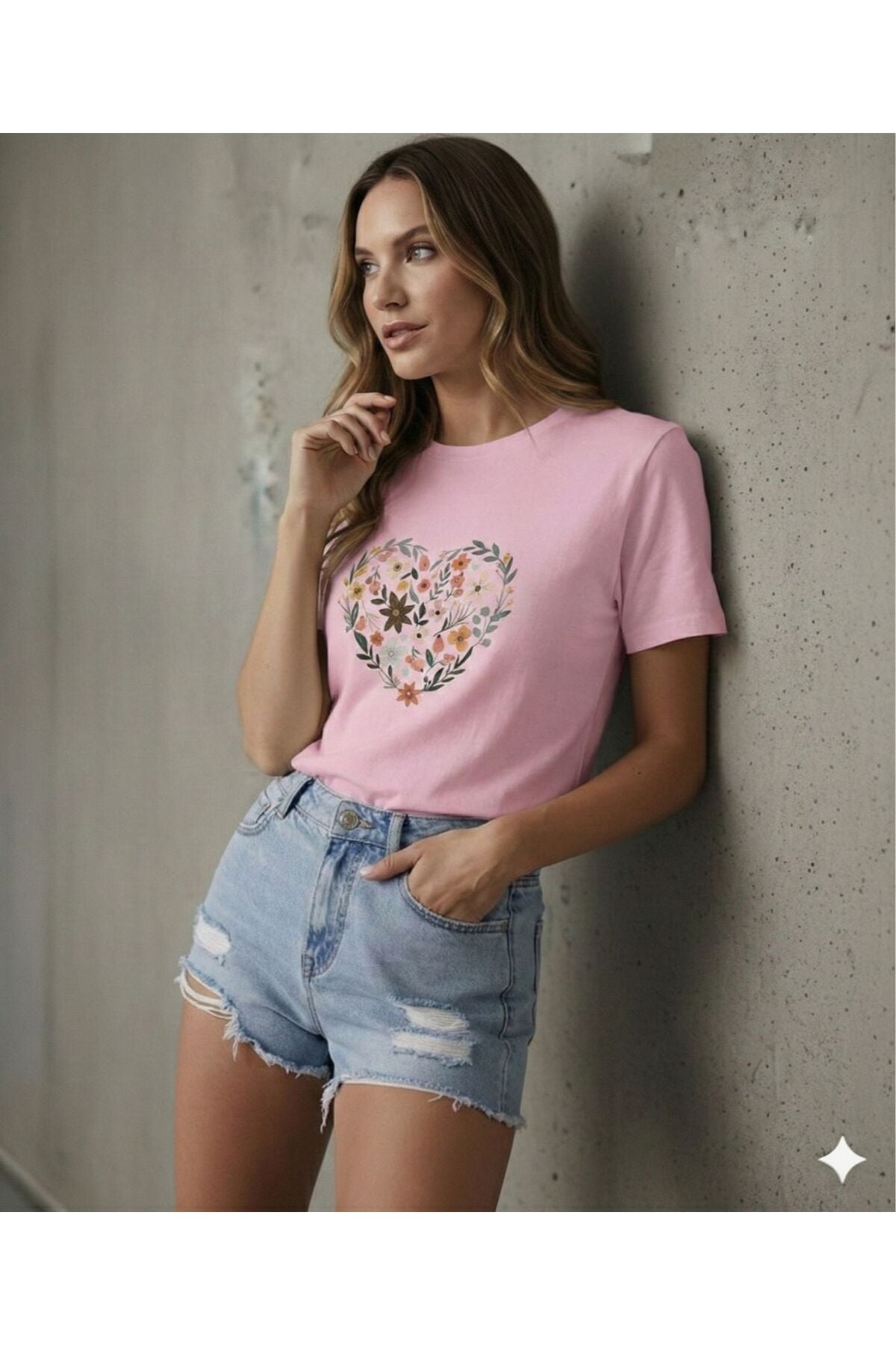 Kalp ve Laleler Baskılı Kadın Bisiklet Yaka Tshirt