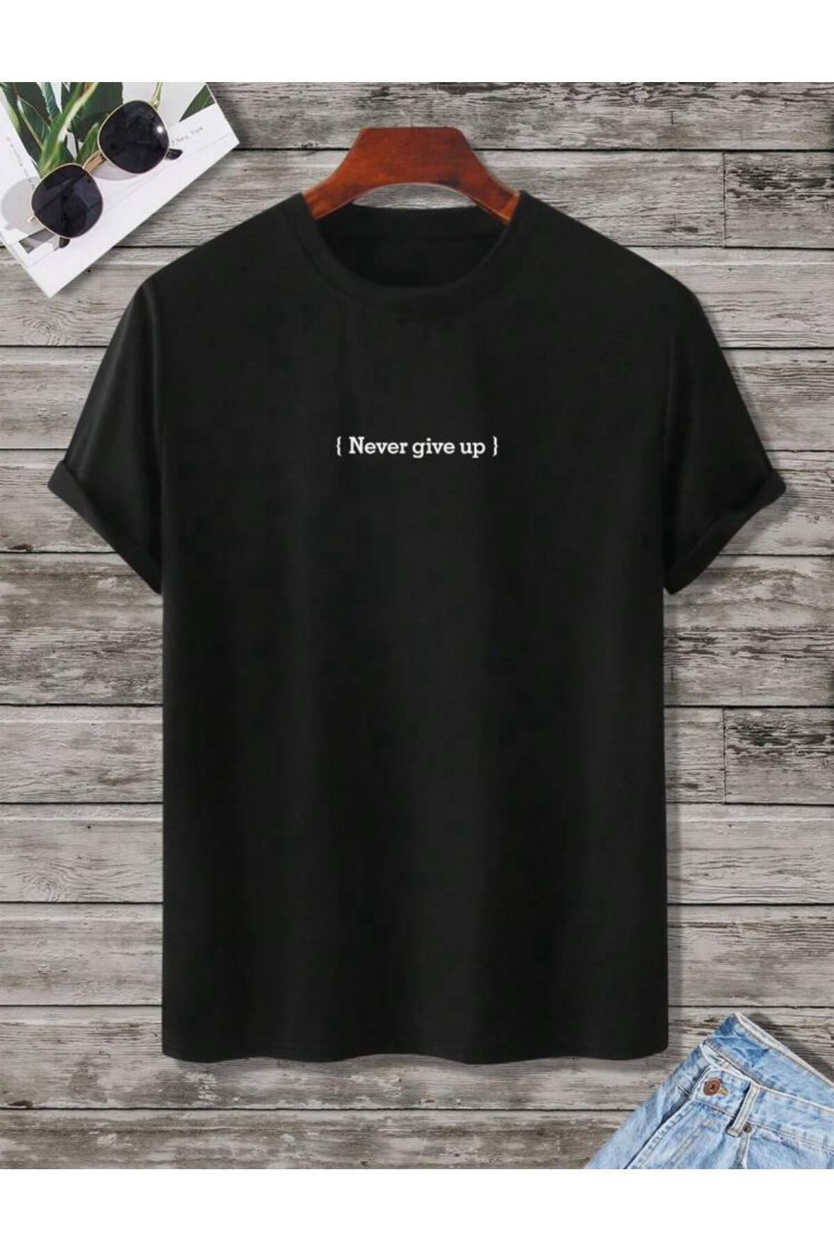 NEVER GİVE UP Baskılı Pamuklu Tshirt