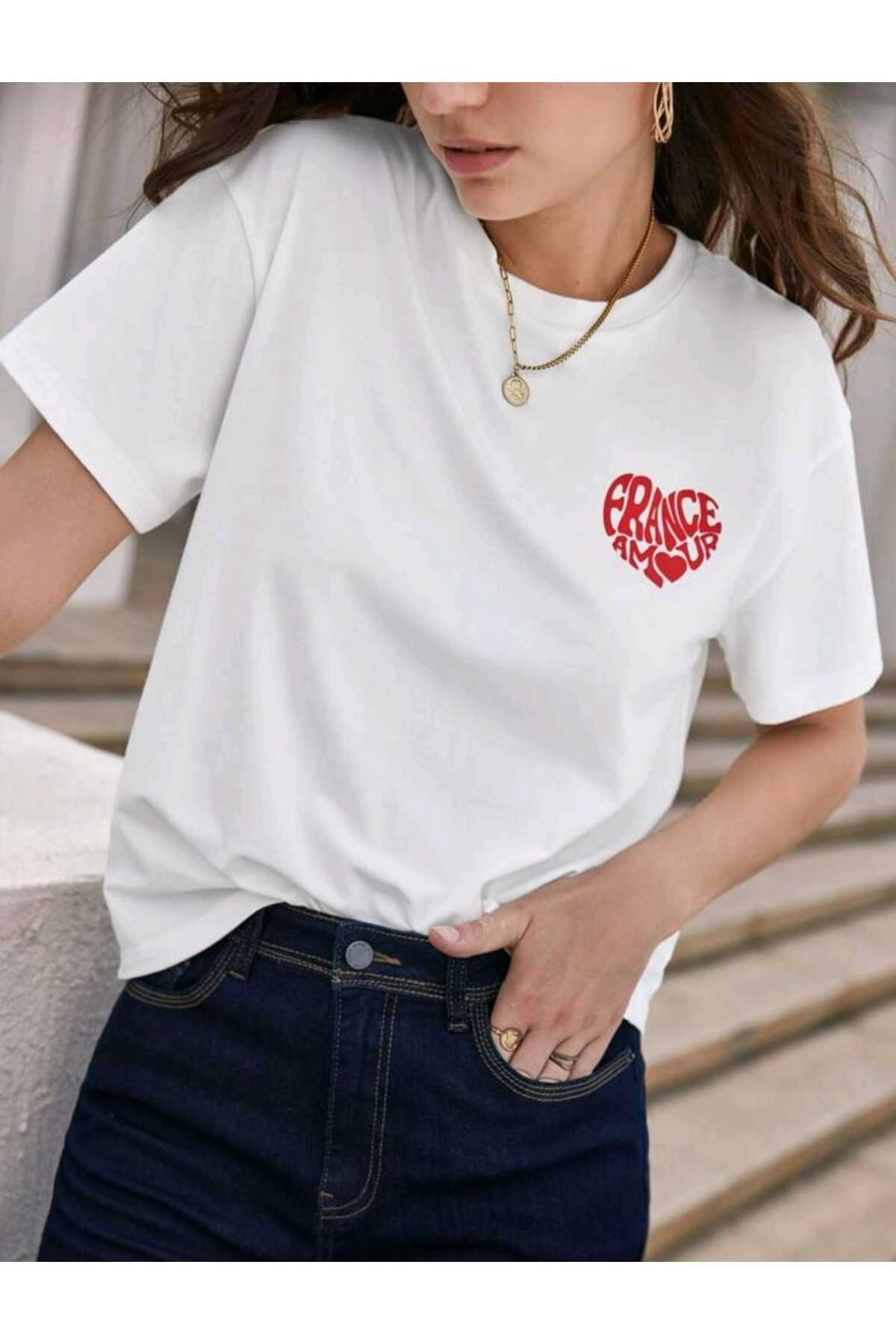 France Amour Baskılı Pamuklu Kısa Kol Yazlık Tshirt
