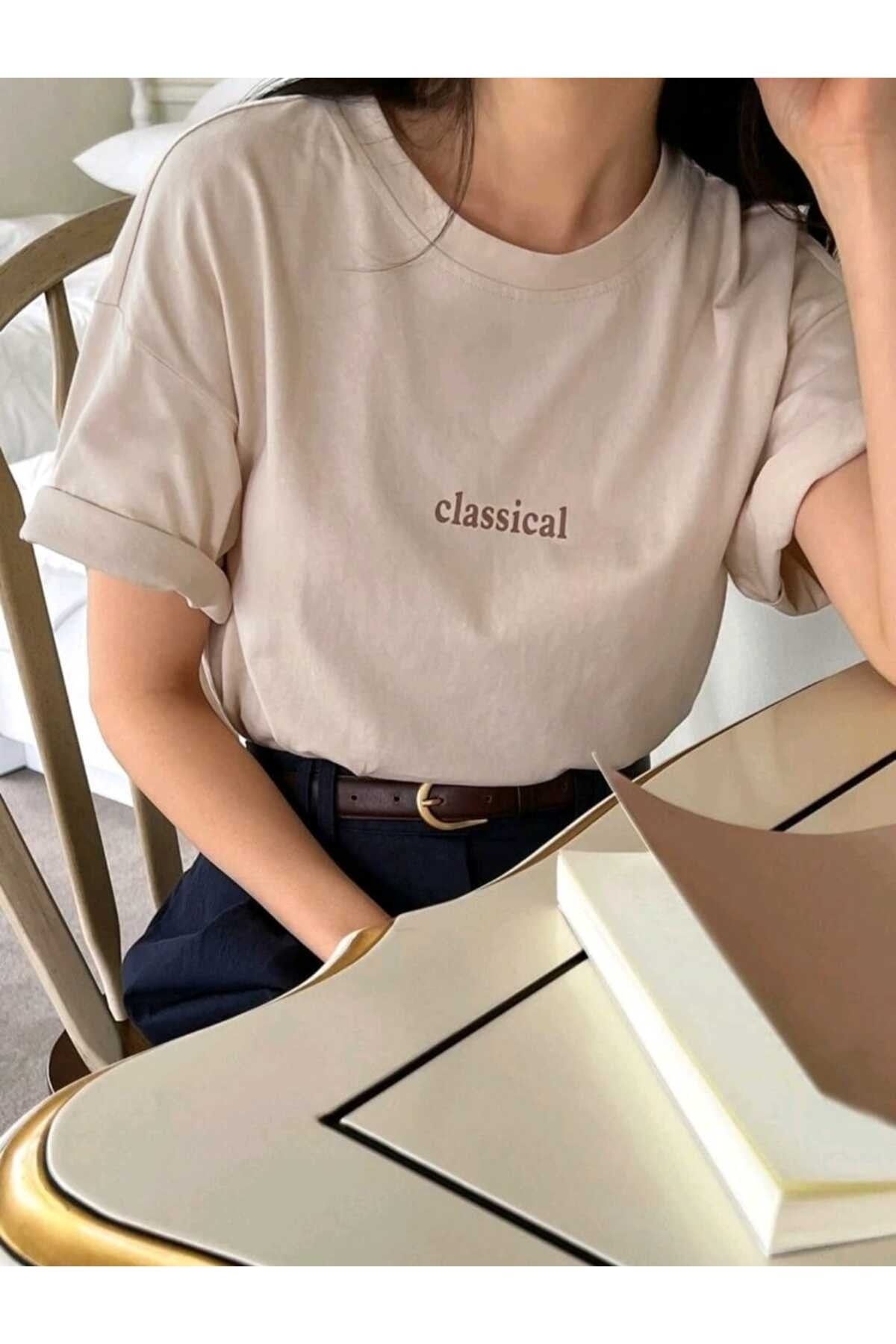 Classical Baskılı Bisiklet Yaka Pamuklu T-Shirt