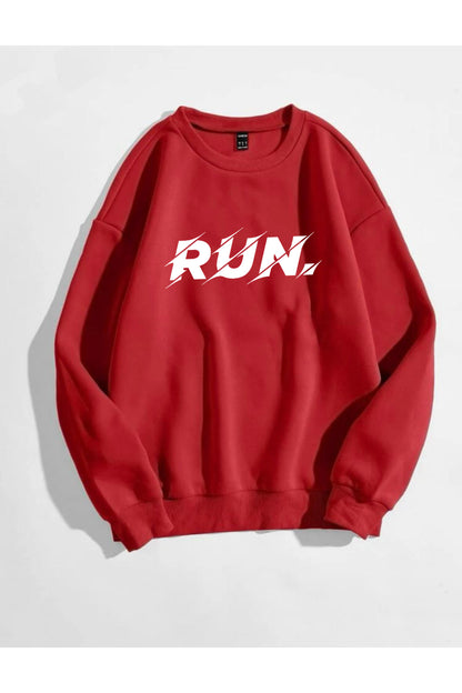 RUN Baskılı Bisiklet Yaka Pamuklu Sweatshirt