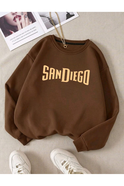 SANDIEGO Baskılı Oversize Kalıp Bisiklet Yaka Sweatshirt