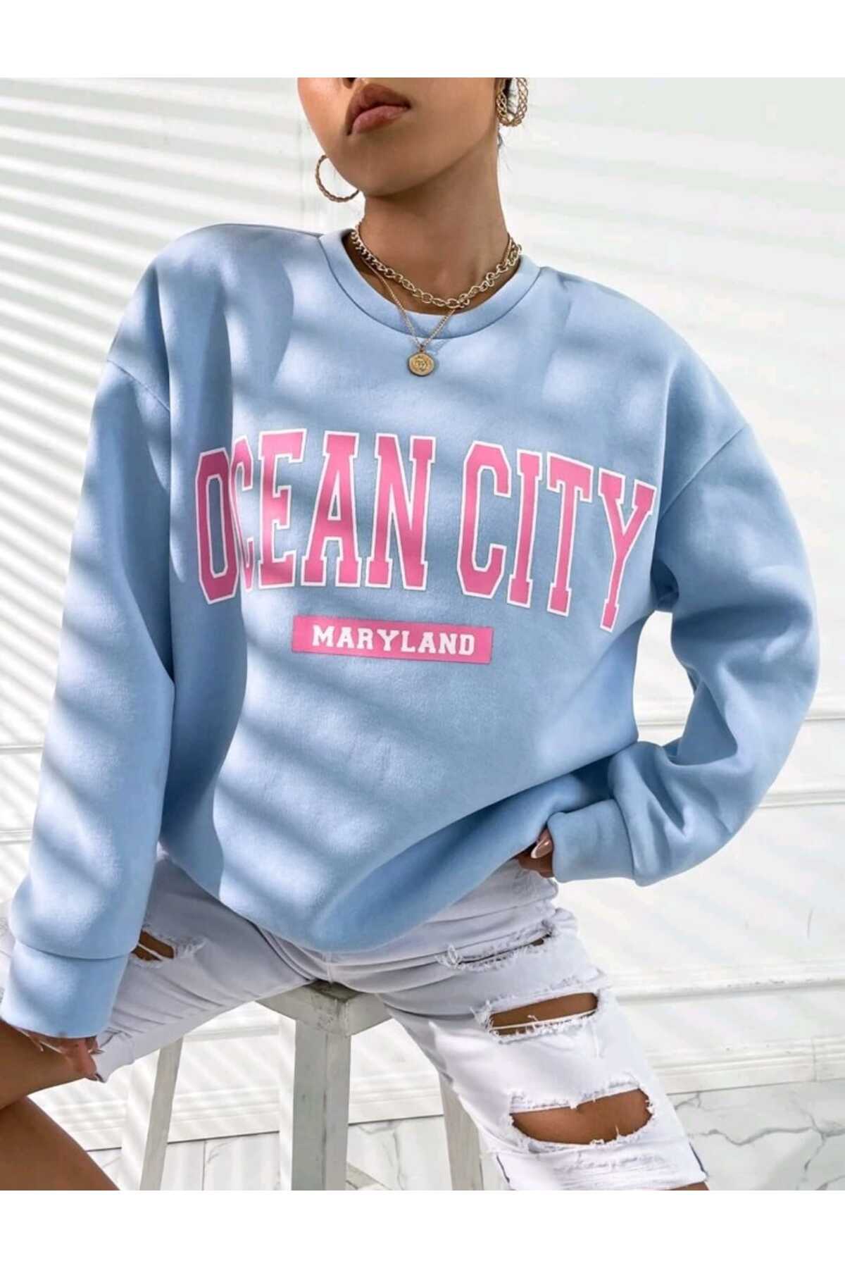 Ocean CITY Baskılı Bisiklet Yaka Sweatshirt
