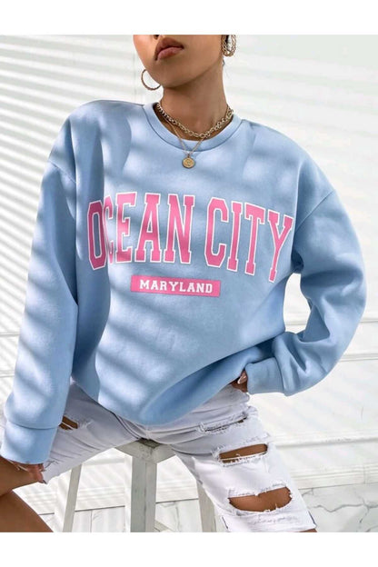 Ocean CITY Baskılı Bisiklet Yaka Sweatshirt