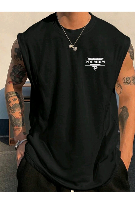 PREMIUM Baskılı Erkek Yazlık Gym Rahat Kolsuz Atlet SIıfr Kol T-Shirt