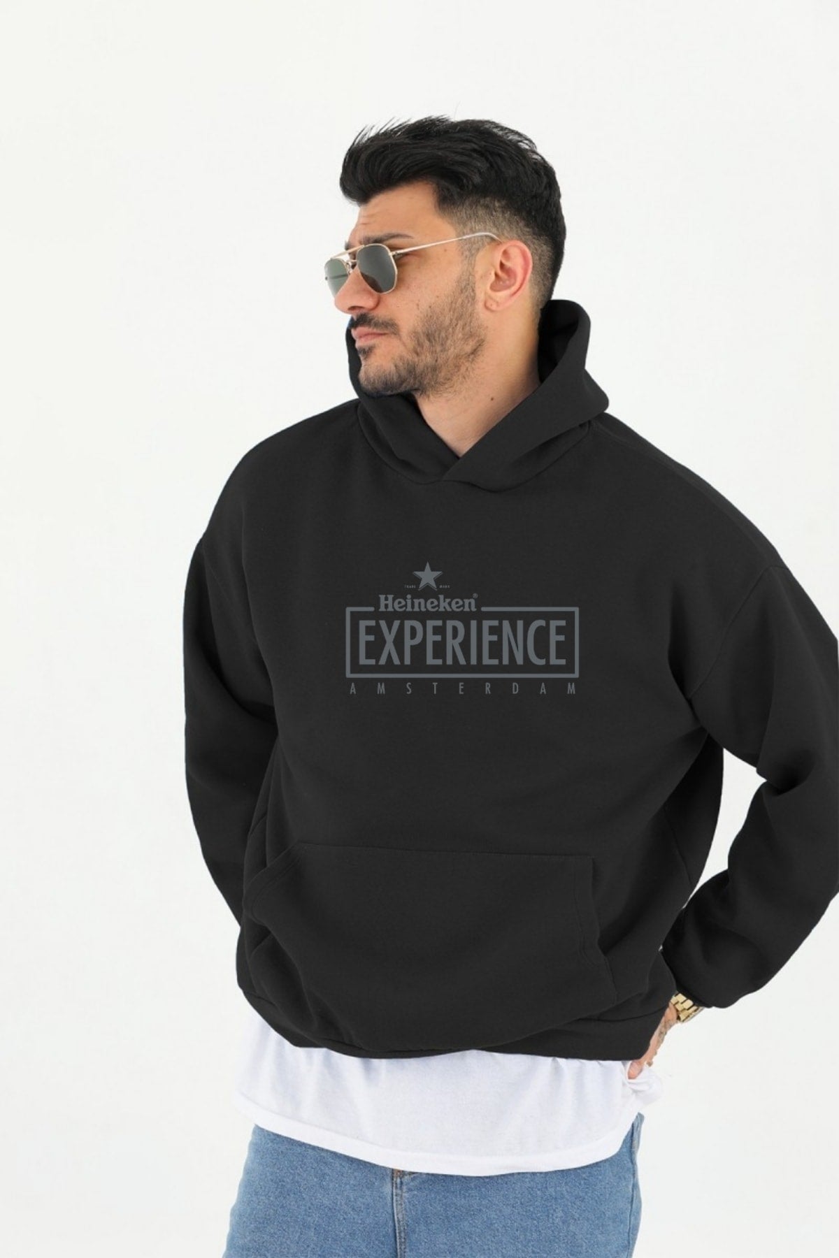 Unisex Siyah Kapşonlu Kanguru Cepli Spor
