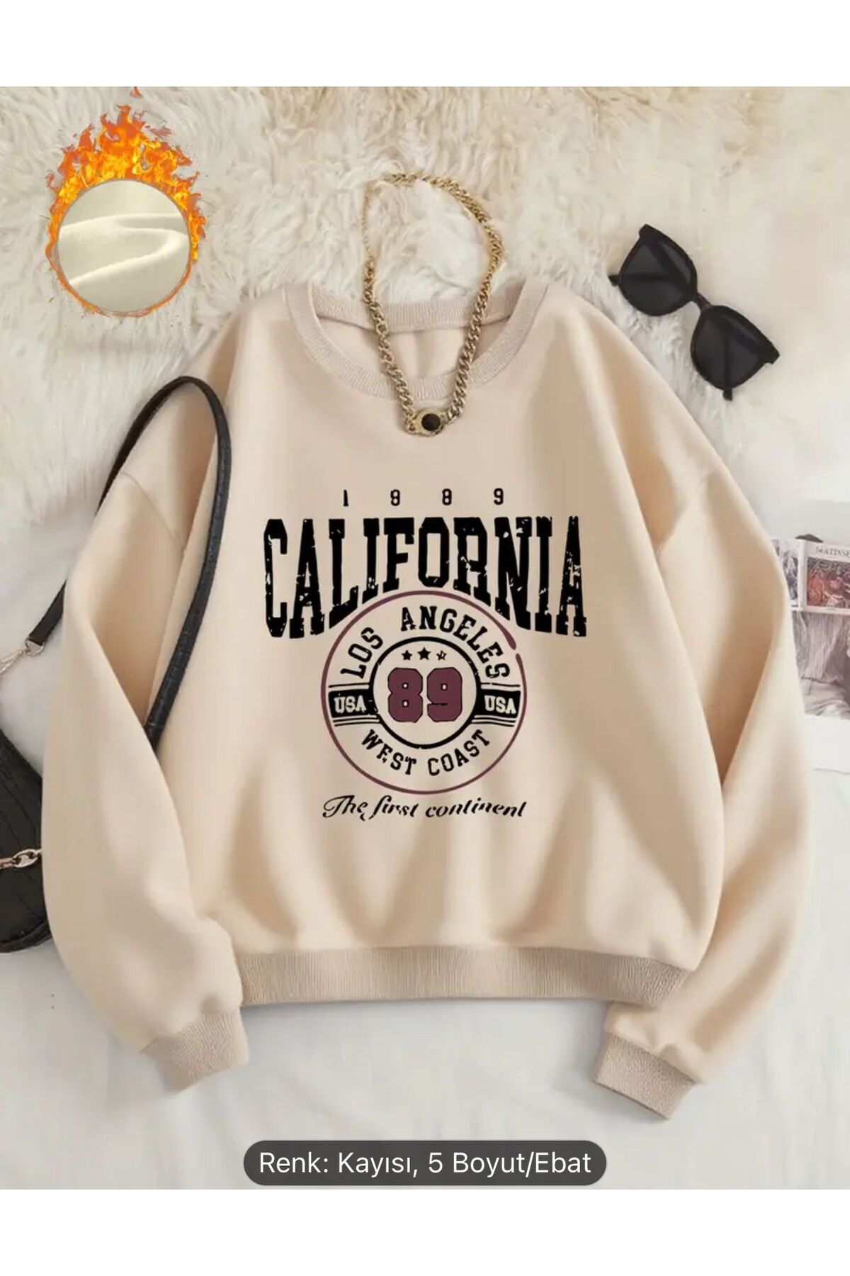 CALIFORNIA BASKILI BİSİKLET YAKA SWEATSHİRT