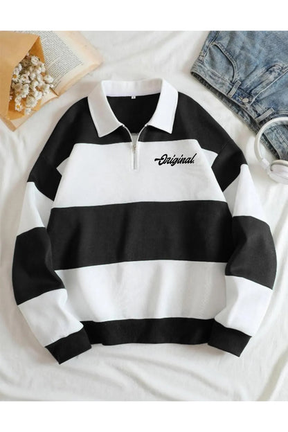 Original Unisex Kahverengi Çizgili Oversize Polo Yaka Yarım Fermuarlı Sweatshirt