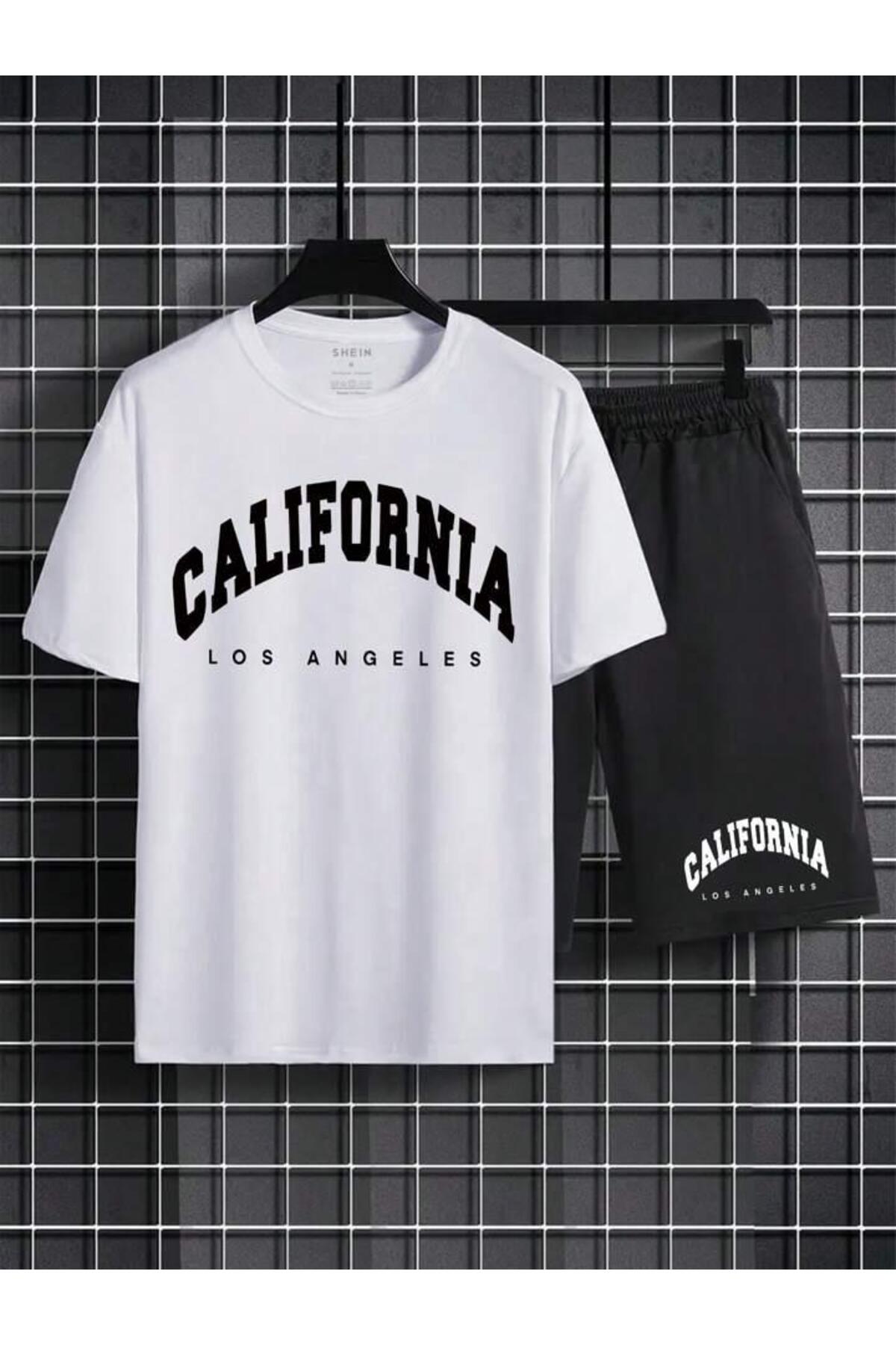 Erkek Siyah CALİFORNİA Baskılı Oversize T-shirt Şort TAKIMI